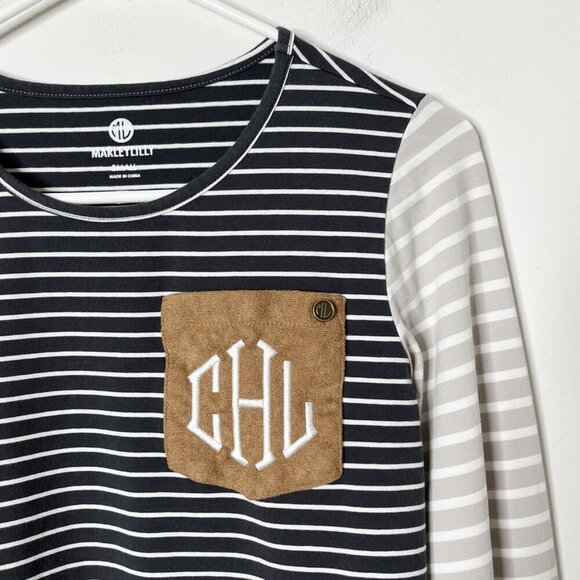 Marleylilly Women's T-Shirt S Black & Gray Striped Monogrammed Suede Long Sleeve - Picture 3 of 9